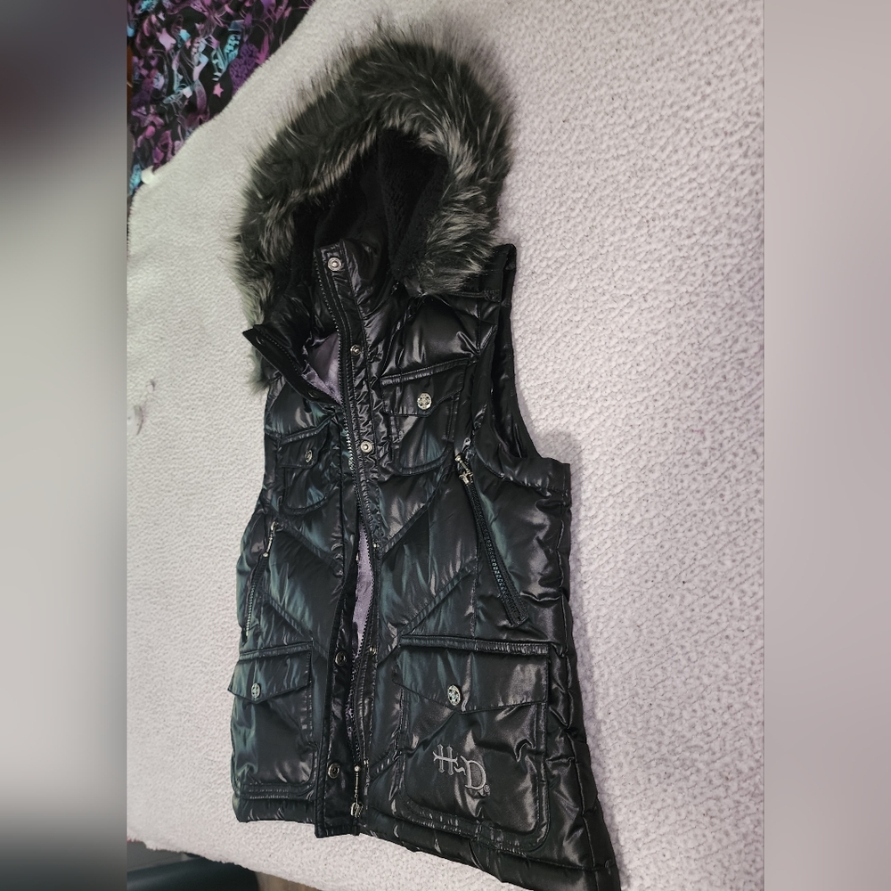 Harley Davidson , Faux Fur , Down Filled Hooded Vest Jacket - Picture 12 of 16